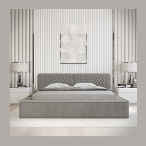 Lit coffre VERNON – Tissu chenille bouclé Cendre taupe – 160x200 cm – Sommier relevable – Design haut de gamme