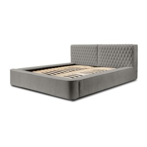 Lit coffre VERNON – Tissu chenille bouclé Cendre taupe – 160x200 cm – Sommier relevable – Design haut de gamme 