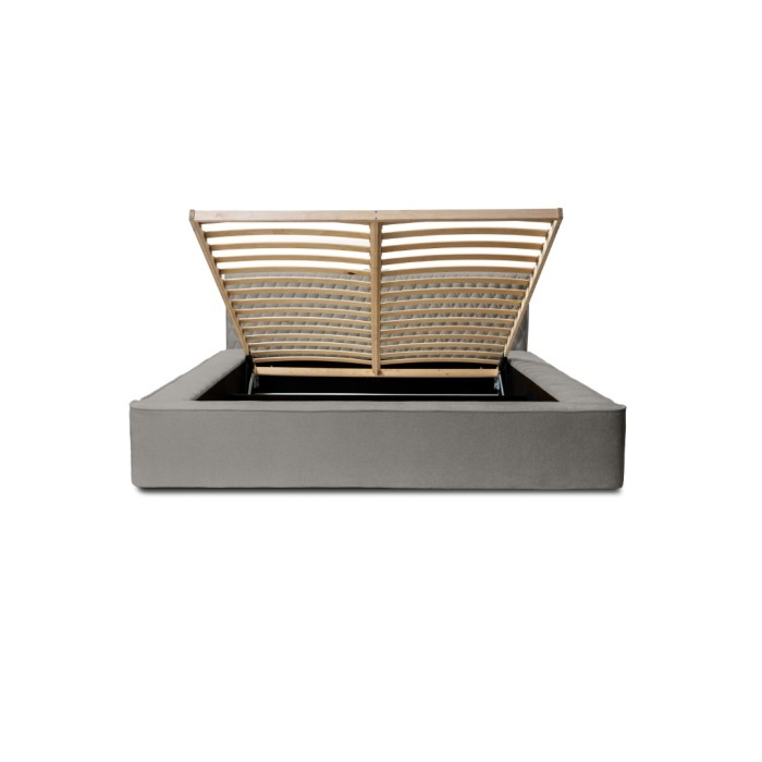 Lit coffre VERNON – Tissu chenille bouclé Cendre taupe – 160x200 cm – Sommier relevable – Design haut de gamme 