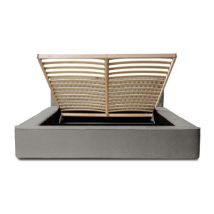 Lit coffre VERNON – Tissu chenille bouclé Cendre taupe – 160x200 cm – Sommier relevable – Design haut de gamme 