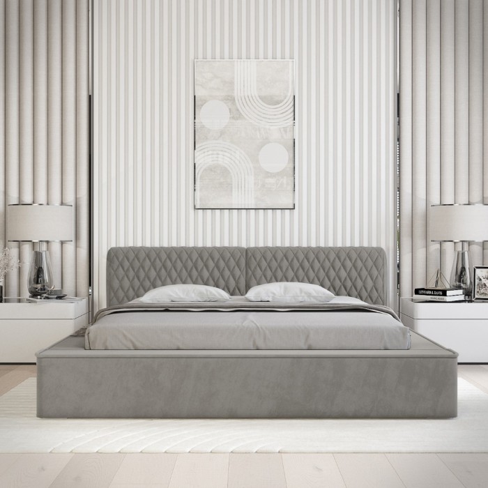 Lit coffre VERNON – Tissu chenille bouclé Cendre taupe – 180x200 cm – Sommier relevable – Design haut de gamme