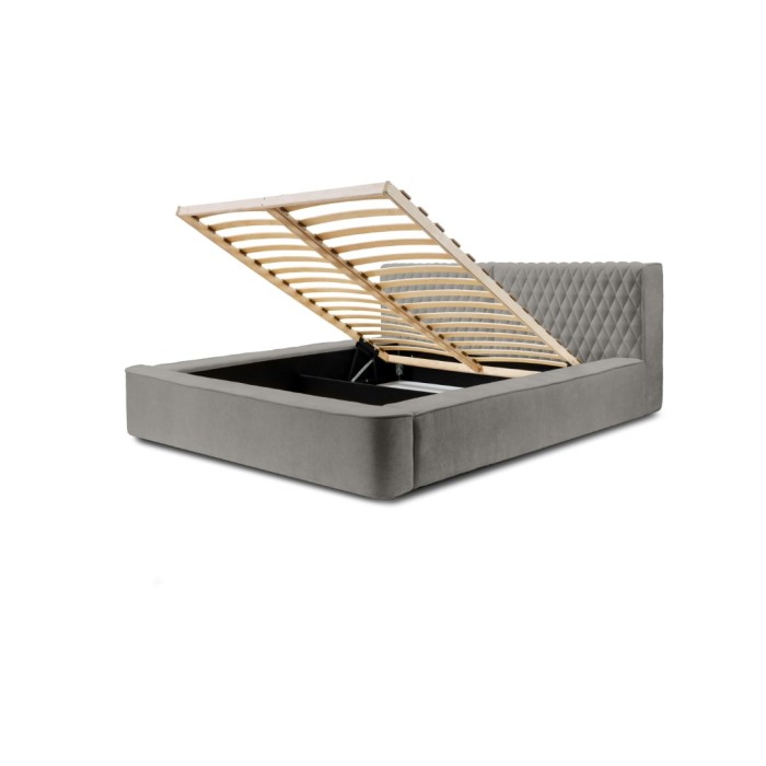 Lit coffre VERNON – Tissu chenille bouclé Cendre taupe – 180x200 cm – Sommier relevable – Design haut de gamme 