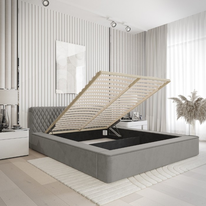 Lit coffre VERNON – Tissu chenille bouclé Cendre taupe – 180x200 cm – Sommier relevable – Design haut de gamme 