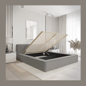 Lit coffre VERNON – Tissu chenille bouclé Cendre taupe – 180x200 cm – Sommier relevable – Design haut de gamme 