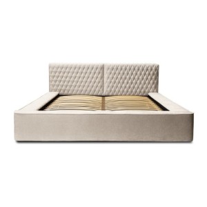 Lit coffre VERNON – Tissu chenille bouclé Sable rosé – 140x200 cm – Sommier relevable – Design haut de gamme 