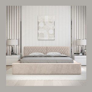 Lit coffre VERNON – Tissu chenille bouclé Sable rosé – 140x200 cm – Sommier relevable – Design haut de gamme