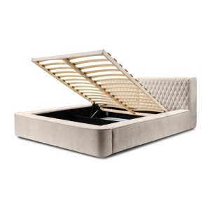 Lit coffre VERNON – Tissu chenille bouclé Sable rosé – 140x200 cm – Sommier relevable – Design haut de gamme 