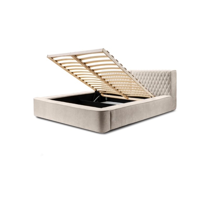 Lit coffre VERNON – Tissu chenille bouclé Sable rosé – 160x200 cm – Sommier relevable – Design haut de gamme 