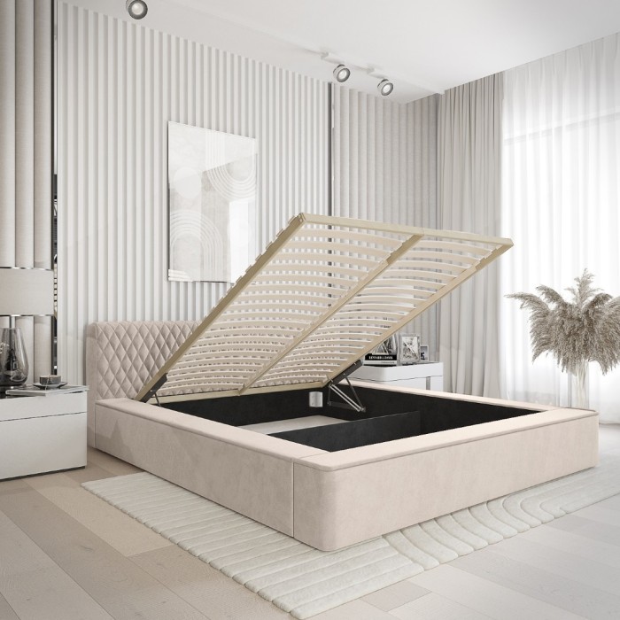 Lit coffre VERNON – Tissu chenille bouclé Sable rosé – 160x200 cm – Sommier relevable – Design haut de gamme 