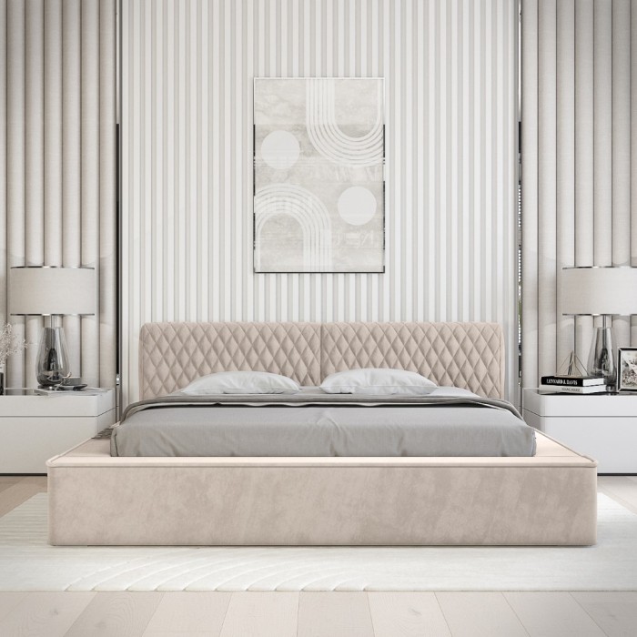 Lit coffre VERNON – Tissu chenille bouclé Sable rosé – 180x200 cm – Sommier relevable – Design haut de gamme