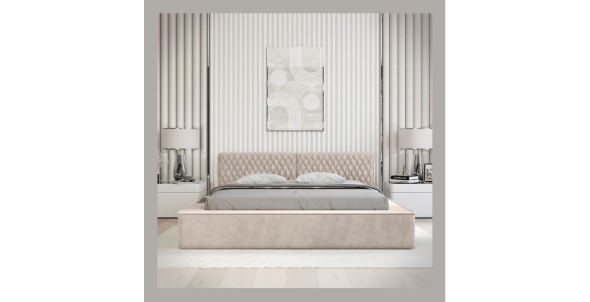 Lit coffre VERNON – Tissu chenille bouclé Sable rosé – 180x200 cm – Sommier relevable – Design haut de gamme