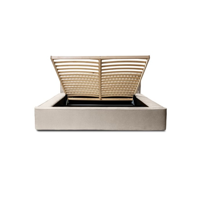 Lit coffre VERNON – Tissu chenille bouclé Sable rosé – 180x200 cm – Sommier relevable – Design haut de gamme 