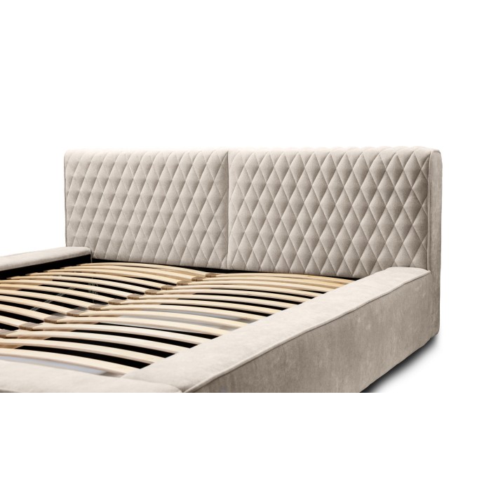 Lit coffre VERNON – Tissu chenille bouclé Sable rosé – 180x200 cm – Sommier relevable – Design haut de gamme 