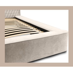 Lit coffre VERNON – Tissu chenille bouclé Sable rosé – 180x200 cm – Sommier relevable – Design haut de gamme 