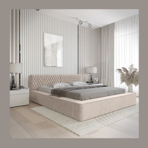 Lit coffre VERNON – Tissu chenille bouclé Sable rosé – 180x200 cm – Sommier relevable – Design haut de gamme 