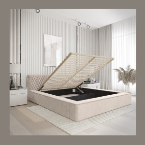 Lit coffre VERNON – Tissu chenille bouclé Sable rosé – 180x200 cm – Sommier relevable – Design haut de gamme 