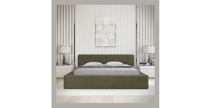 Lit coffre VERNON – Tissu chenille bouclé Feuille d'olivier – 140x200 cm – Sommier relevable – Design haut de gamme
