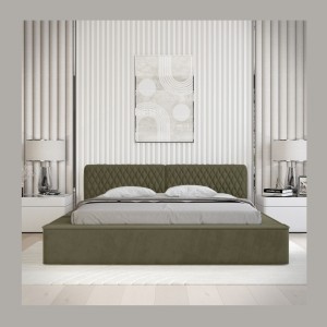 Lit coffre VERNON – Tissu chenille bouclé Feuille d'olivier – 140x200 cm – Sommier relevable – Design haut de gamme