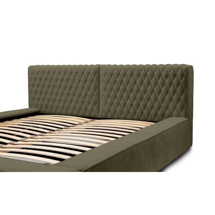 Lit coffre VERNON – Tissu chenille bouclé Feuille d'olivier – 140x200 cm – Sommier relevable – Design haut de gamme 