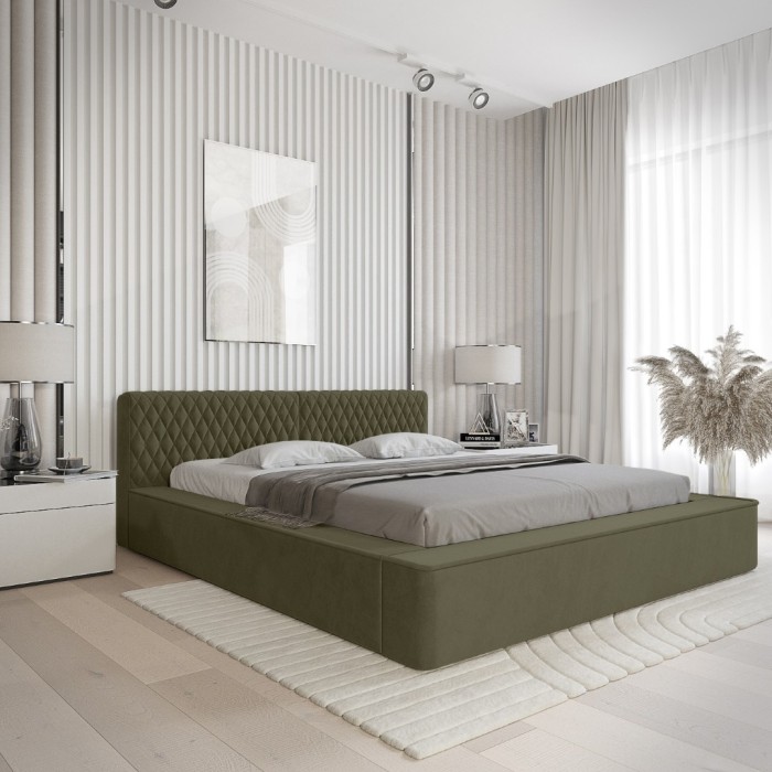 Lit coffre VERNON – Tissu chenille bouclé Feuille d'olivier – 140x200 cm – Sommier relevable – Design haut de gamme 