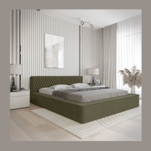 Lit coffre VERNON – Tissu chenille bouclé Feuille d'olivier – 160x200 cm – Sommier relevable – Design haut de gamme 