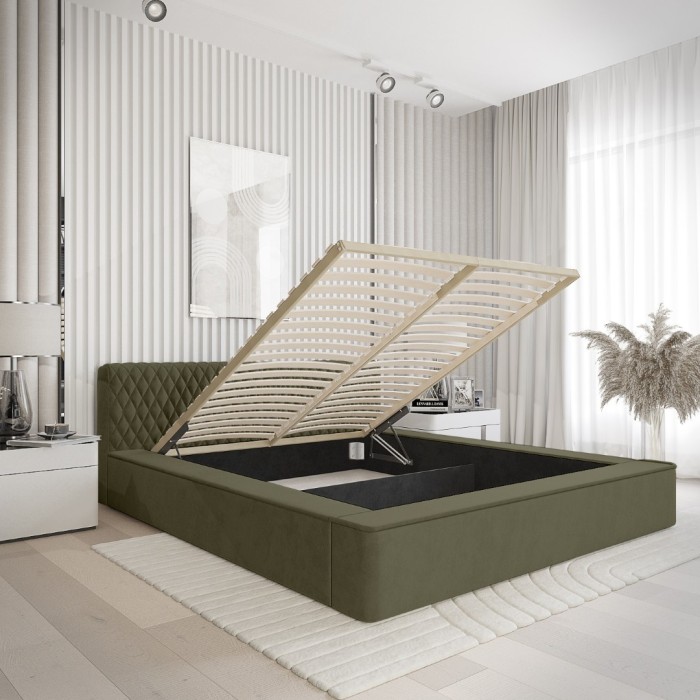 Lit coffre VERNON – Tissu chenille bouclé Feuille d'olivier – 160x200 cm – Sommier relevable – Design haut de gamme 