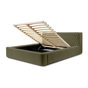 Lit coffre VERNON – Tissu chenille bouclé Feuille d'olivier – 180x200 cm – Sommier relevable – Design haut de gamme 