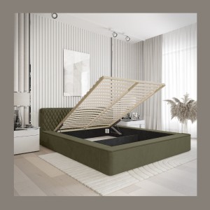 Lit coffre VERNON – Tissu chenille bouclé Feuille d'olivier – 180x200 cm – Sommier relevable – Design haut de gamme 