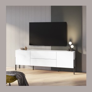 Meuble TV SALMA – 2 portes & 2 tiroirs Push-to-Open – Blanc super mat & noir Mat