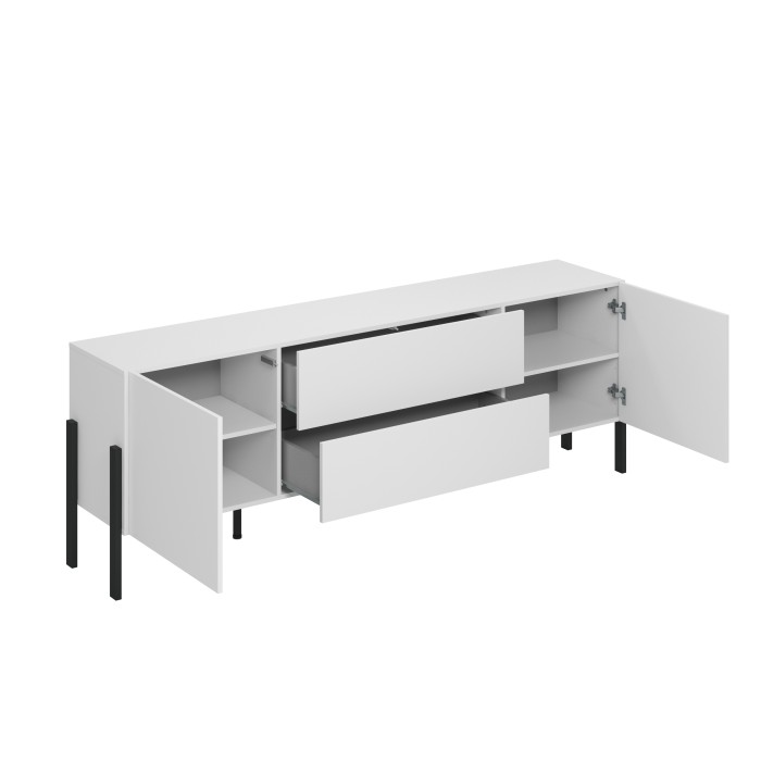 Meuble TV SALMA – 2 portes & 2 tiroirs Push-to-Open – Blanc super mat & noir Mat