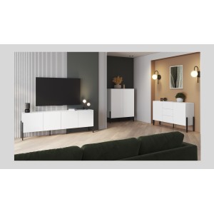 Meuble TV SALMA – 2 portes & 2 tiroirs Push-to-Open – Blanc super mat & noir Mat