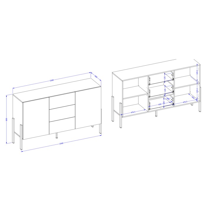Buffet haut Salma 2 portes & 3 tiroirs Push-to-Open – Blanc super mat & noir mat