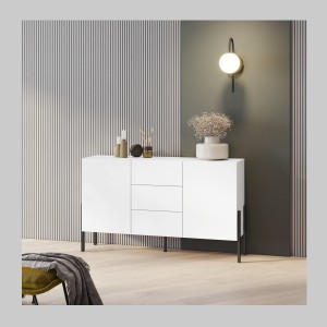 Buffet haut Salma 2 portes & 3 tiroirs Push-to-Open – Blanc super mat & noir mat