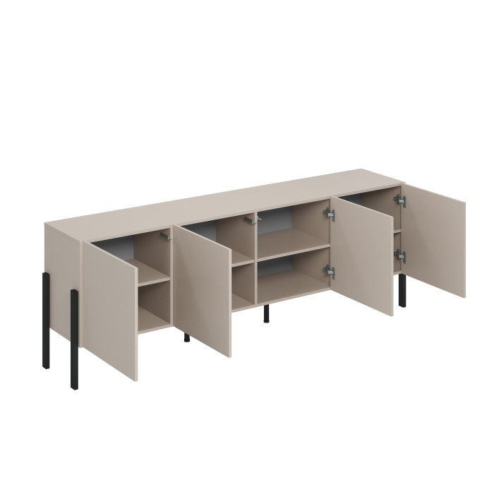 Buffet Salma 4 portes Push-to-Open – beige & noir mat, 204×70×40 cm