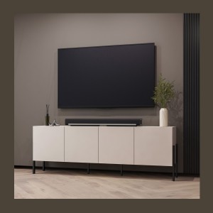 Buffet Salma 4 portes Push-to-Open – beige & noir mat, 204×70×40 cm