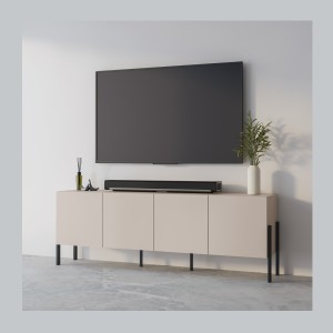 Buffet Salma 4 portes Push-to-Open – beige & noir mat, 204×70×40 cm