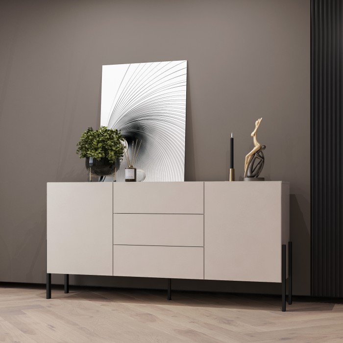 Buffet Salma 2 portes & 3 tiroirs Push-to-Open – beige & noir mat, 184×90×40 cm