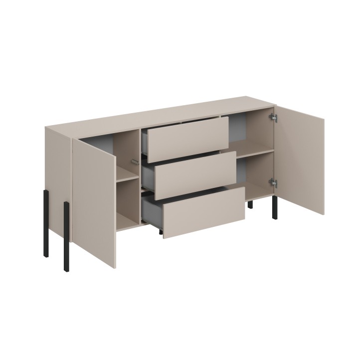 Buffet Salma 2 portes & 3 tiroirs Push-to-Open – beige & noir mat, 184×90×40 cm