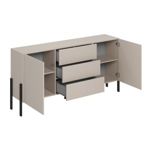 Buffet Salma 2 portes & 3 tiroirs Push-to-Open – beige & noir mat, 184×90×40 cm