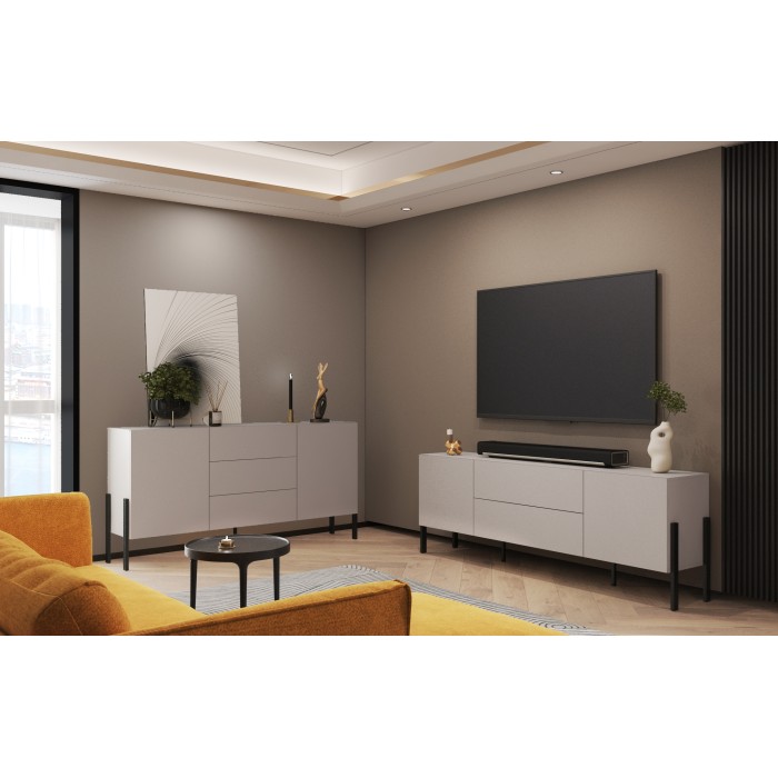 Buffet Salma 2 portes & 3 tiroirs Push-to-Open – beige & noir mat, 184×90×40 cm