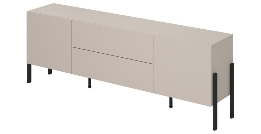 Meuble TV Salma – 2 portes & 2 tiroirs Push-to-Open – beige & noir mat, 207×70×40 cm