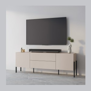 Meuble TV Salma – 2 portes & 2 tiroirs Push-to-Open – beige & noir mat, 207×70×40 cm