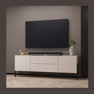 Meuble TV Salma – 2 portes & 2 tiroirs Push-to-Open – beige & noir mat, 207×70×40 cm