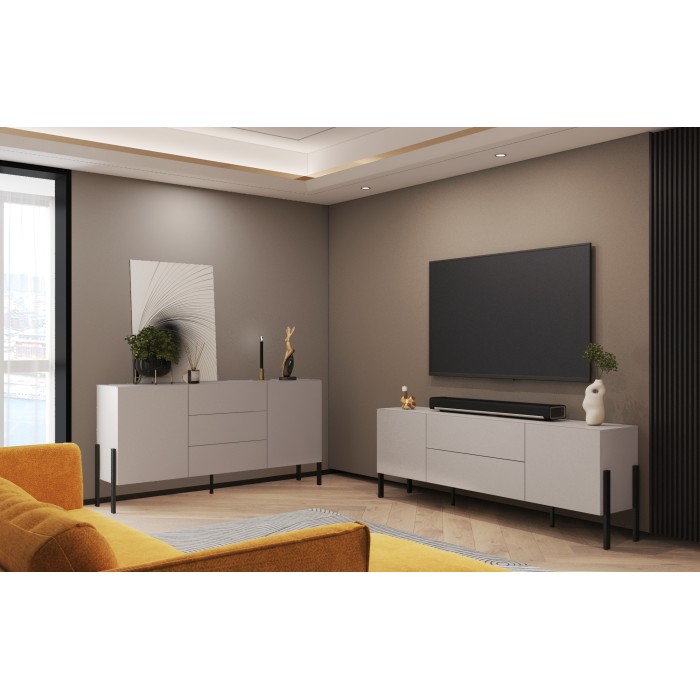 Meuble TV Salma – 2 portes & 2 tiroirs Push-to-Open – beige & noir mat, 207×70×40 cm