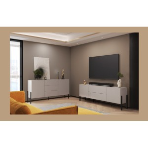 Meuble TV Salma – 2 portes & 2 tiroirs Push-to-Open – beige & noir mat, 207×70×40 cm