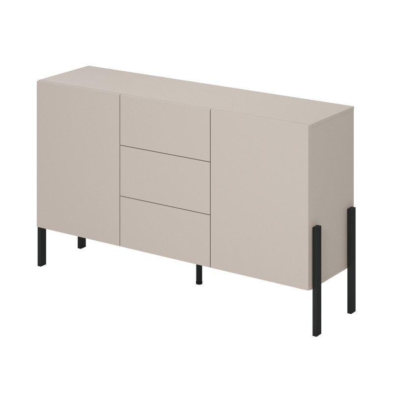 Buffet haut Salma 2 portes & 3 tiroirs Push-to-Open – beige & noir mat, 154×90×40 cm