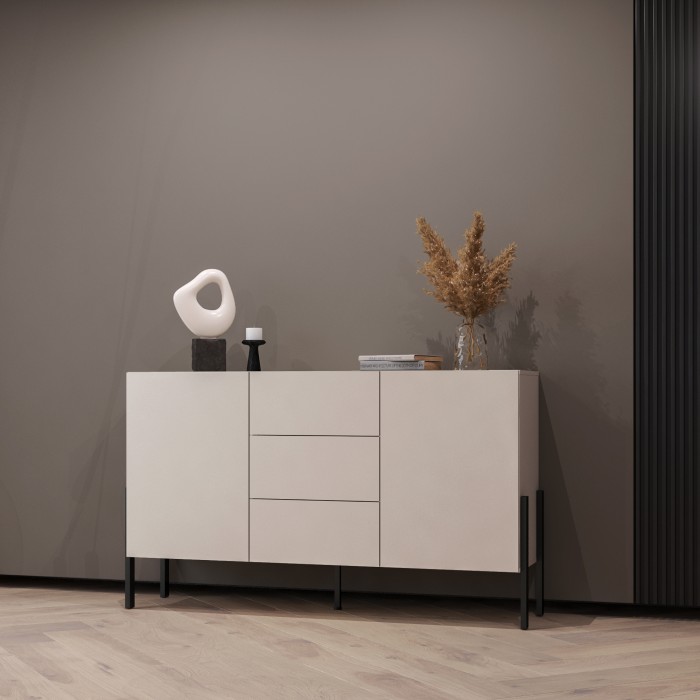 Buffet haut Salma 2 portes & 3 tiroirs Push-to-Open – beige & noir mat, 154×90×40 cm