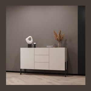 Buffet haut Salma 2 portes & 3 tiroirs Push-to-Open – beige & noir mat, 154×90×40 cm