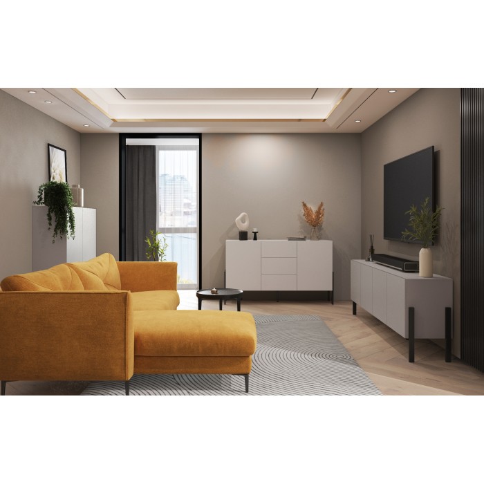 Buffet haut Salma 2 portes & 3 tiroirs Push-to-Open – beige & noir mat, 154×90×40 cm