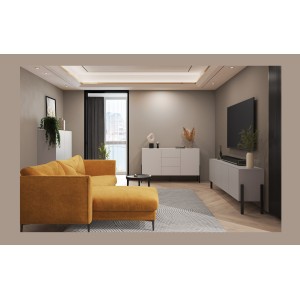 Buffet haut Salma 2 portes & 3 tiroirs Push-to-Open – beige & noir mat, 154×90×40 cm